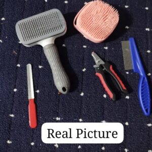 pet hair remover comb, flea comb, shampoo brush, nail clippers (multicolor)